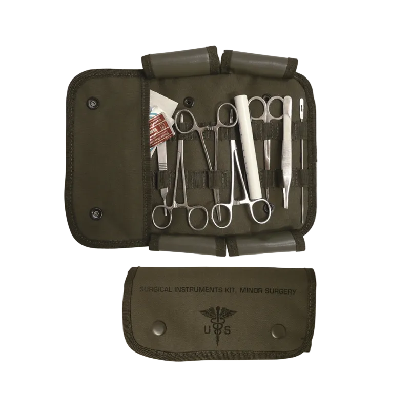 An open olive green surgical instruments kit roll-up case showing various metal medical tools inside, with a smaller inset image below showing the closed case and printed text reading 'SURGICAL INSTRUMENTS KIT, MINOR SURGERY' and 'U.S.