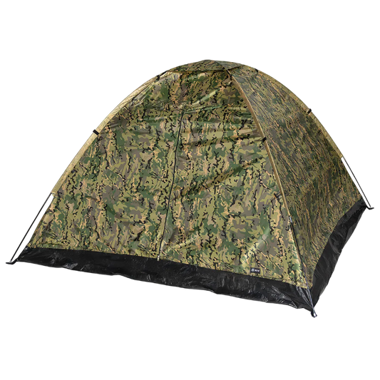A dome-style camping tent with a green and brown camouflage pattern and a black floor, shown on a plain white background.