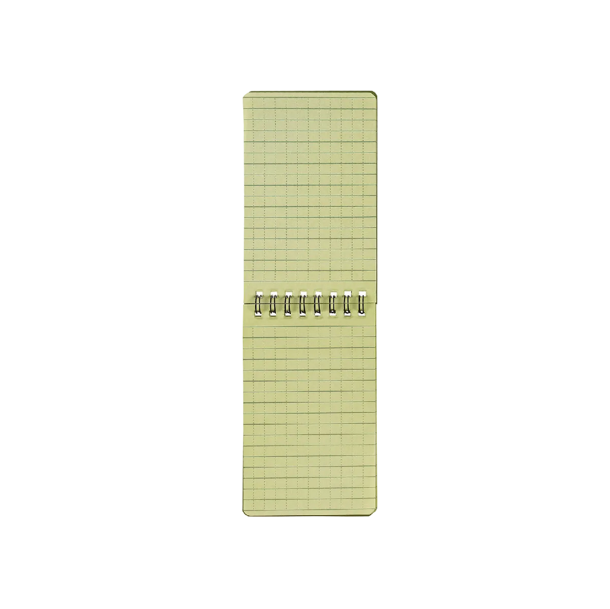 A single-page notebook with pale yellow graph paper and a silver metal spiral binding, shown vertically against a plain white background.