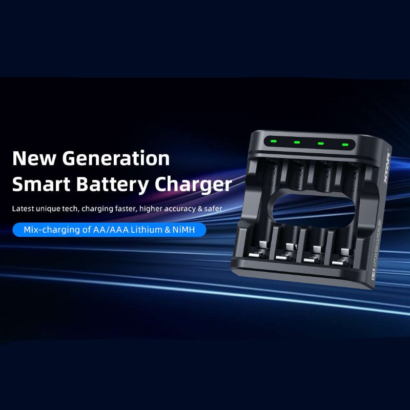 Smart battery charger with text on a dark background