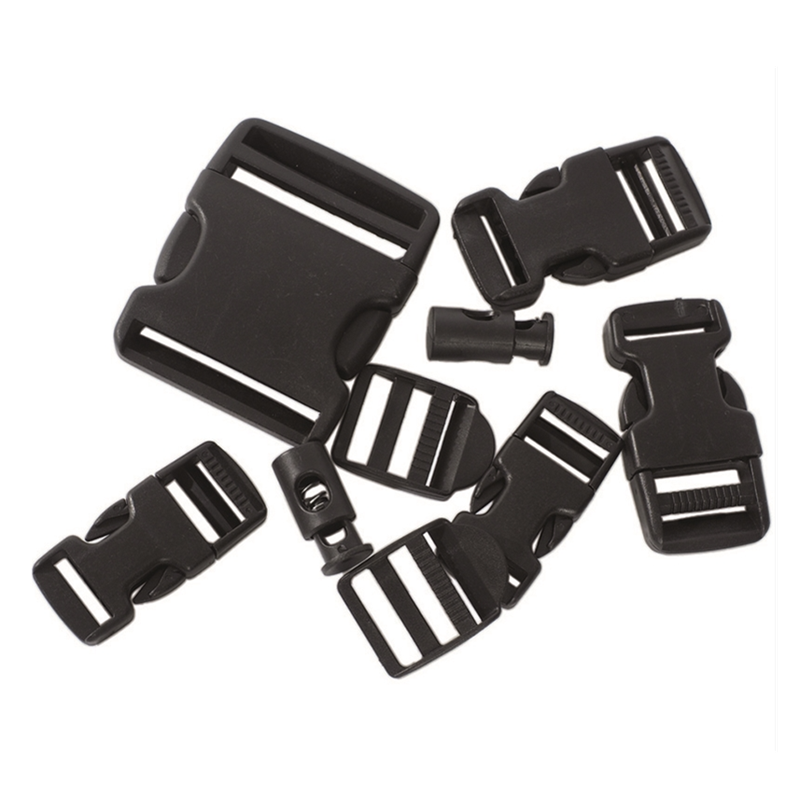 A set of black plastic quick-release buckle clips and matching plastic rings, arranged on a plain white background.