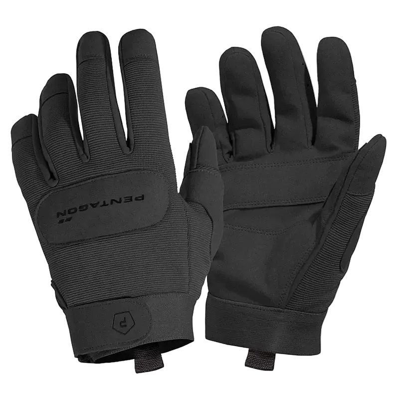 Black tactical gloves with Pentagon logo on a white background