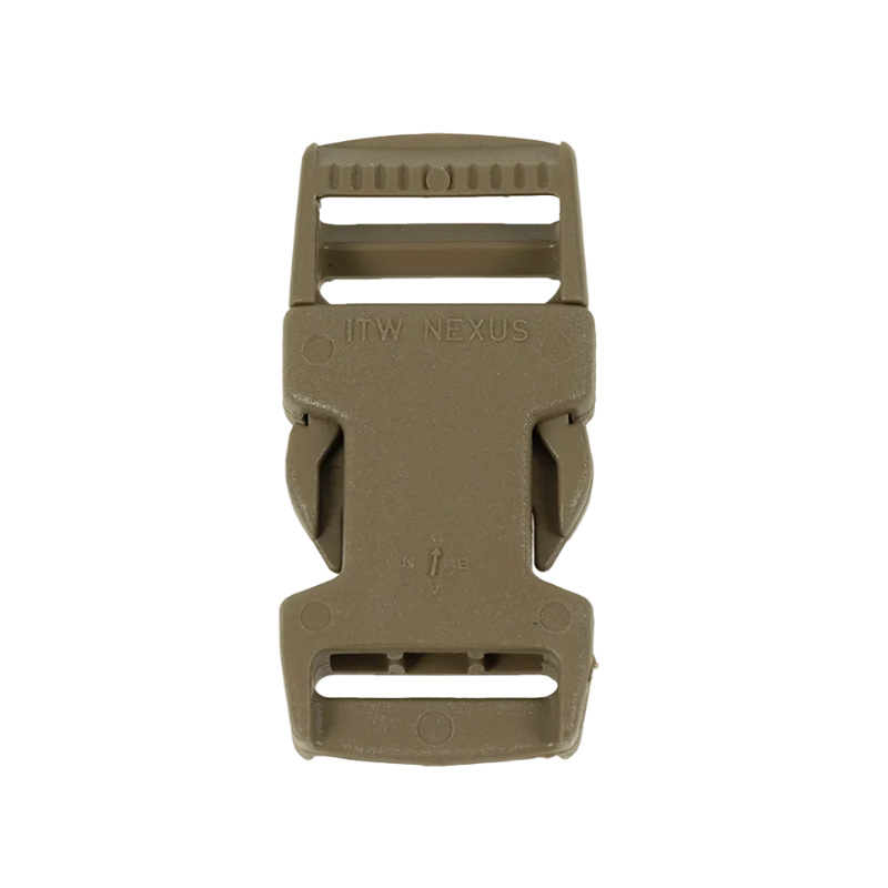 A tactical plastic quick-release buckle in coyote brown, featuring embossed branding that reads 'ITTW NEXUS' on the front, set against a plain white background.