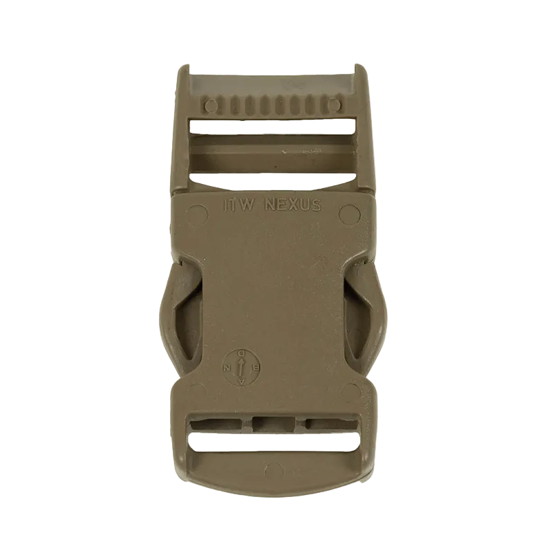 A tactical quick-release buckle in coyote brown, featuring the embossed brand name '11W NEXUS' on the front, set against a plain white background.