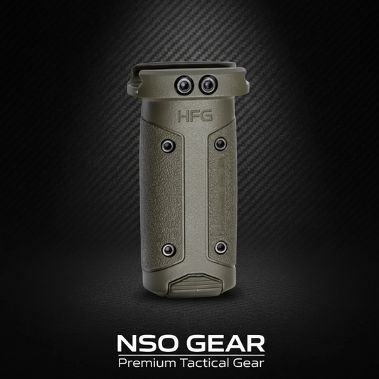 Tactical gun grip with 'HFG' branding on a dark carbon fiber background, featuring 'NSO Gear' branding at the bottom.