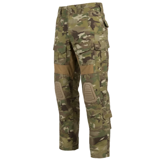 Camouflage tactical pants with knee pads on a black background