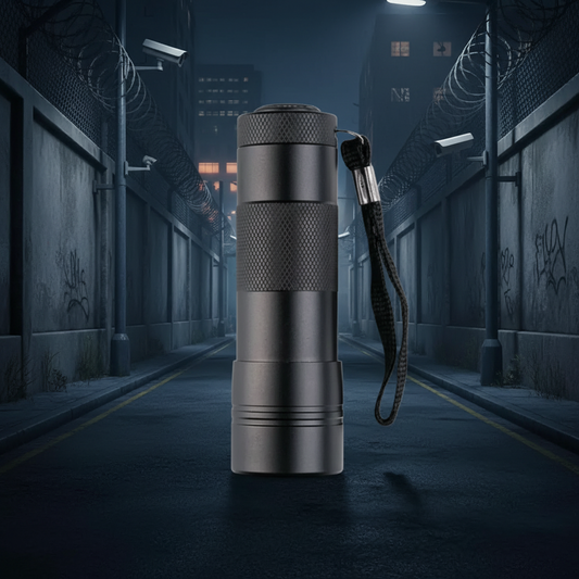 Black flashlight with a strap on a white background