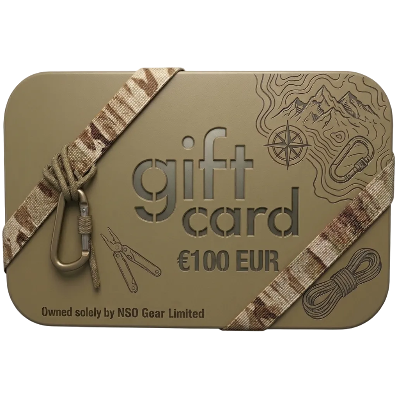 Gift card with camouflage strap and outdoor-themed design on a beige background