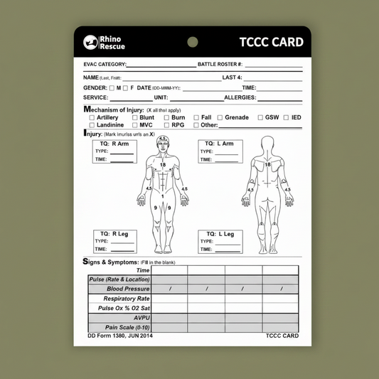 TCCC card with Rhino Rescue logo on a green background