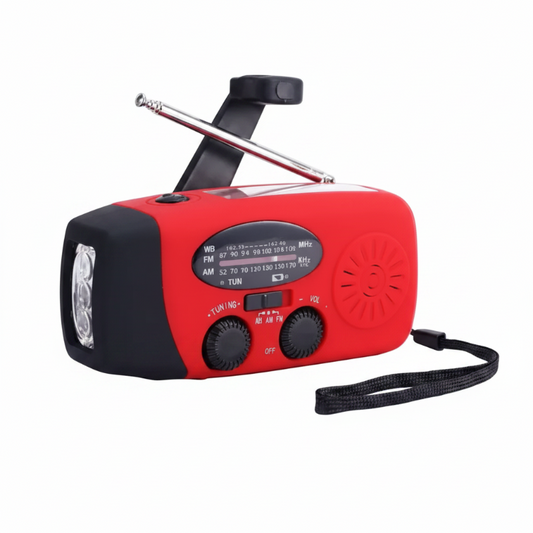 Red and black portable radio with flashlight on a white background