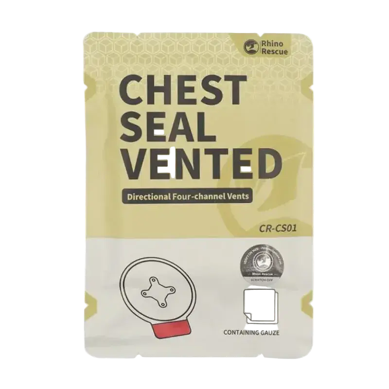 Packaged chest seal with 'Rhino Rescue' branding on a white background
