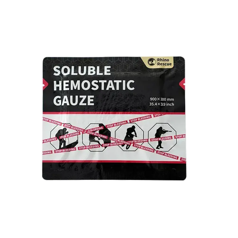 Packaged soluble hemostatic gauze with branding on a white background
