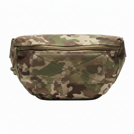 Camouflage-patterned waist bag on a white background