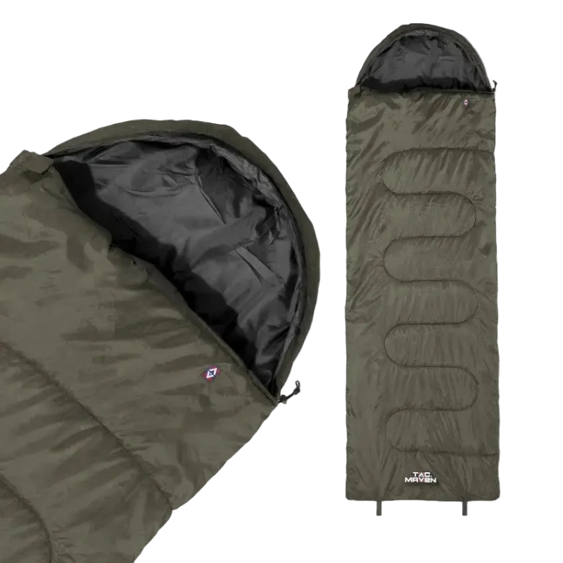 Green sleeping bag with black interior on a white background
