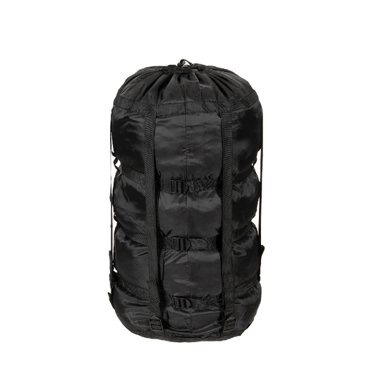 A black nylon drawstring bag with compression straps and buckles, shown against a plain white background.