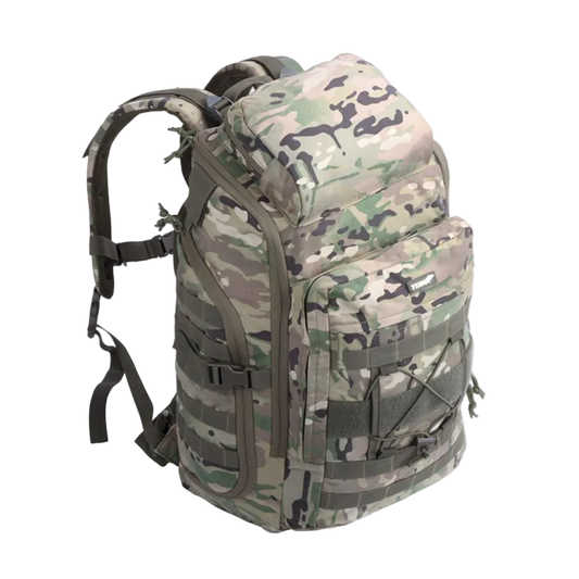 Camouflage backpack on a white background