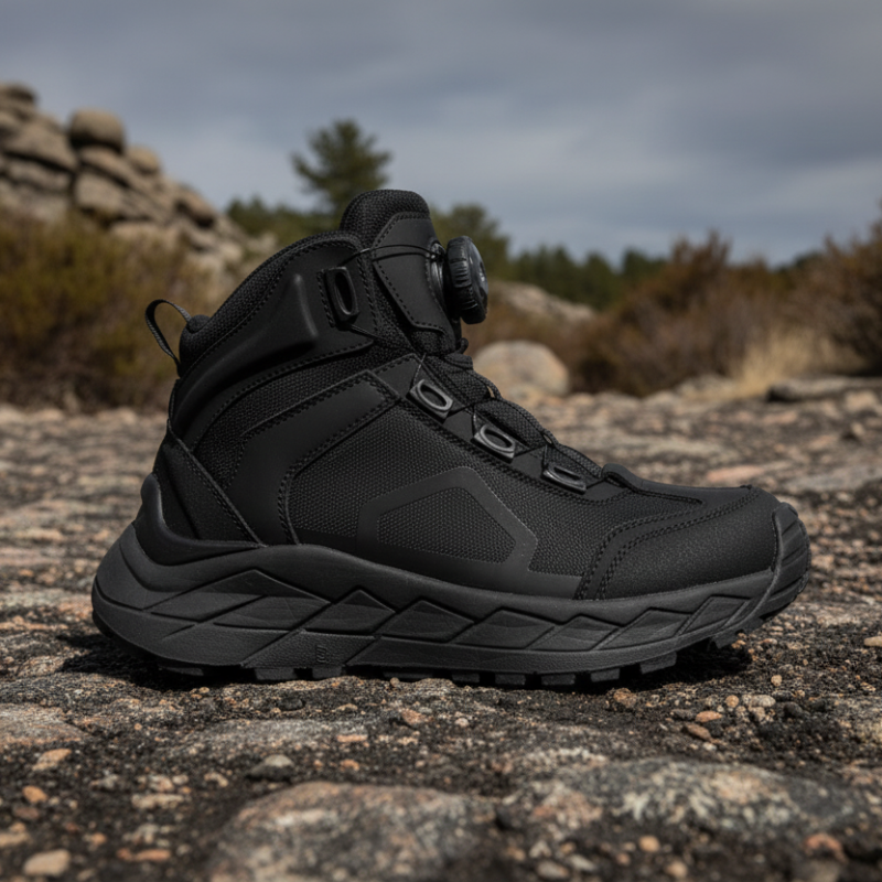 Black tactical boot on a rocky terrain with a natural landscape background