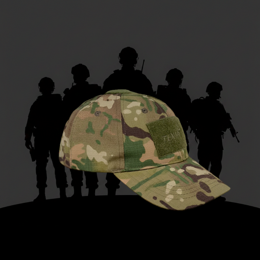Camouflage baseball cap with a brand logo in front of silhouettes of soldiers on a dark background