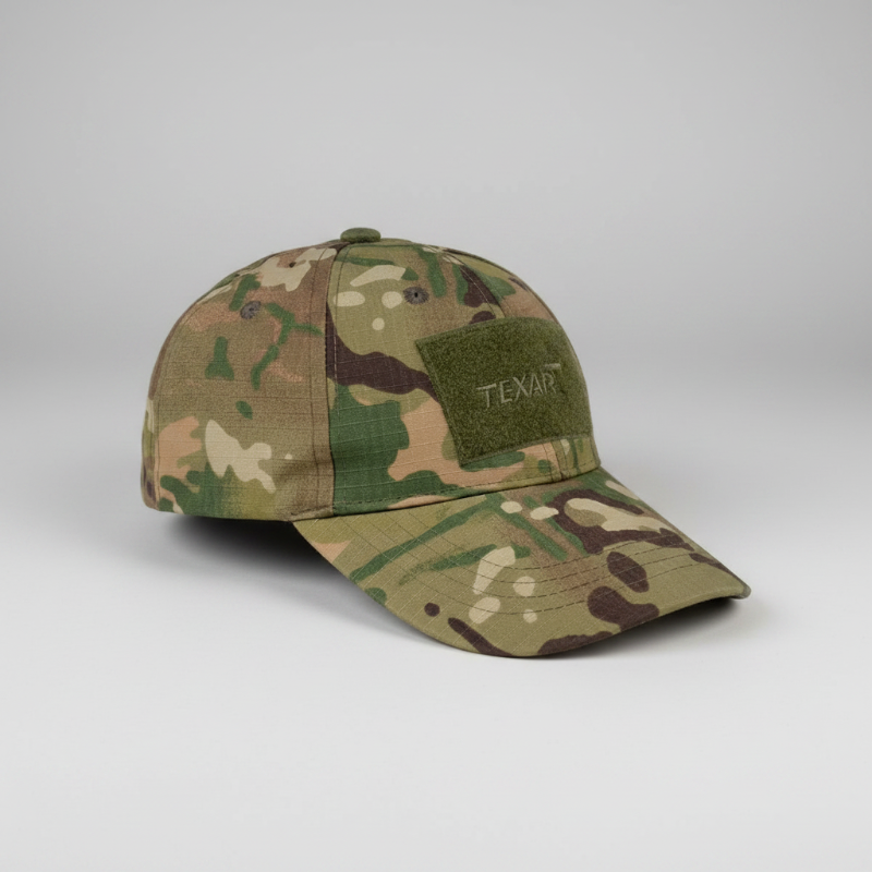 Camouflage baseball cap with a 'Texas' patch on a light gray background