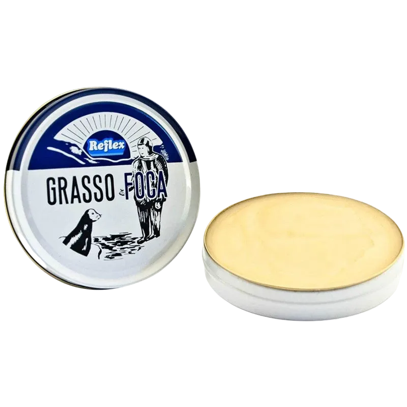 Grasso Foca shaving cream tin with a white lid on a white background