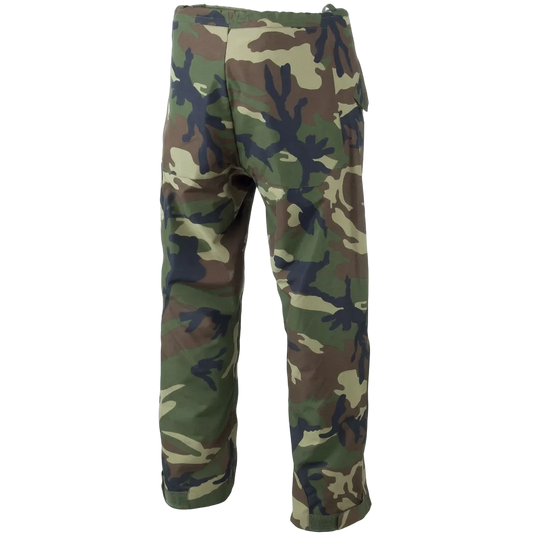 A pair of camouflage pants shown from the back, featuring a classic woodland camo pattern in green, brown, black, and beige on a solid white background.