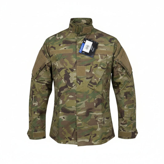 Person wearing a camouflage jacket in a store setting with various items on shelves.