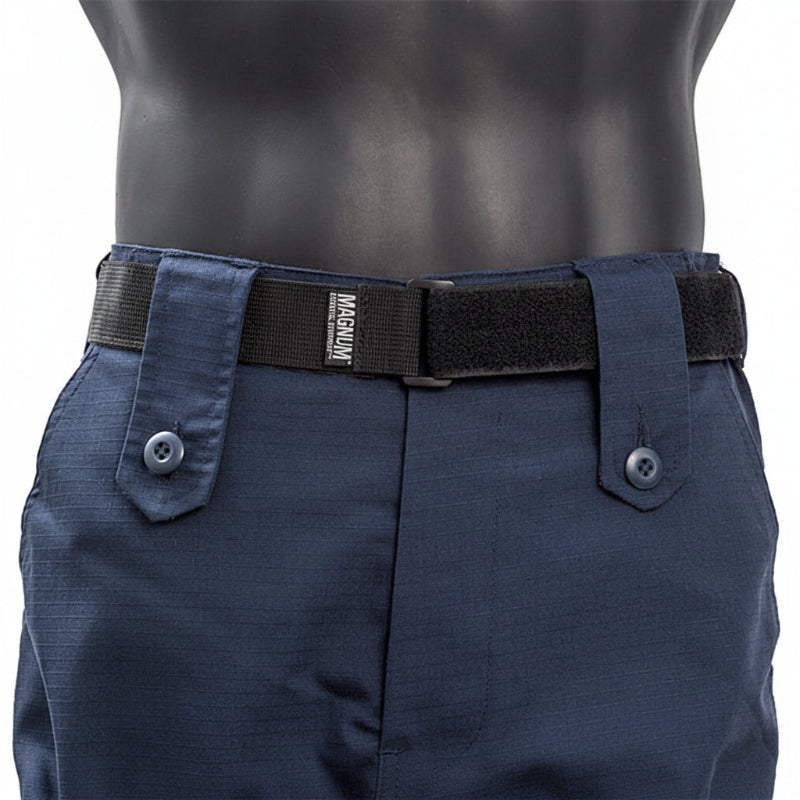 Close-up of a mannequin torso wearing navy blue pants with a black adjustable belt featuring a white MAGDAKN brand label.