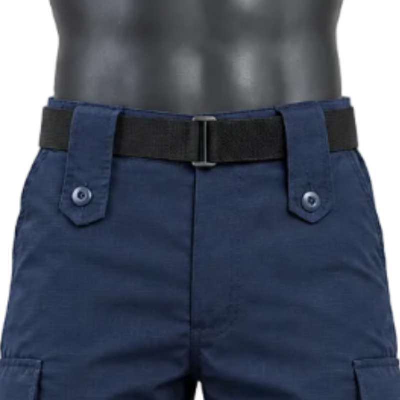 A close-up of navy blue tactical pants on a black mannequin torso, featuring a black web belt with a silver buckle and buttoned flap details on the sides.