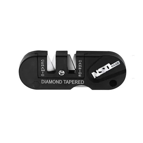 NSO Gear - sharpenerNSO Gear - sharpener 
Description
Pre-set carbides sharpen very dull edges quickly.
Specially shaped ceramic slot to finish edges and sharpen serrated blades.
TaperNSO Gear