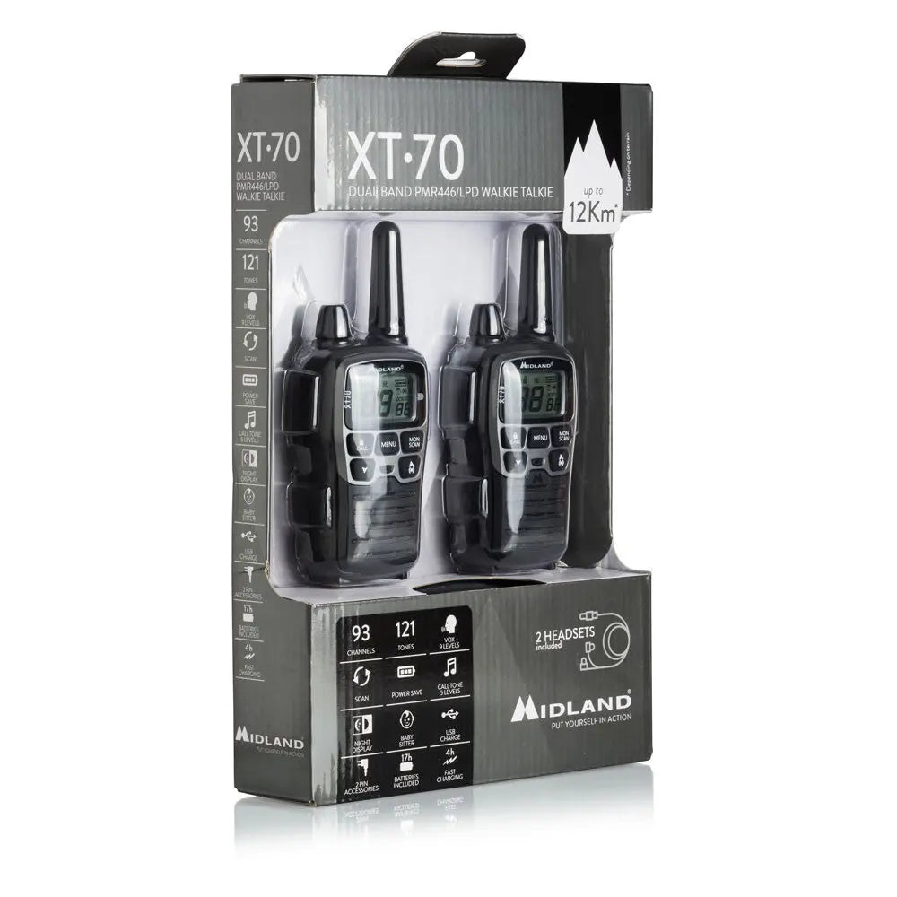 Midland XT70 Walkie Talkie with Earphone Mic, Charging Dock NSO Gear Communication Radios
