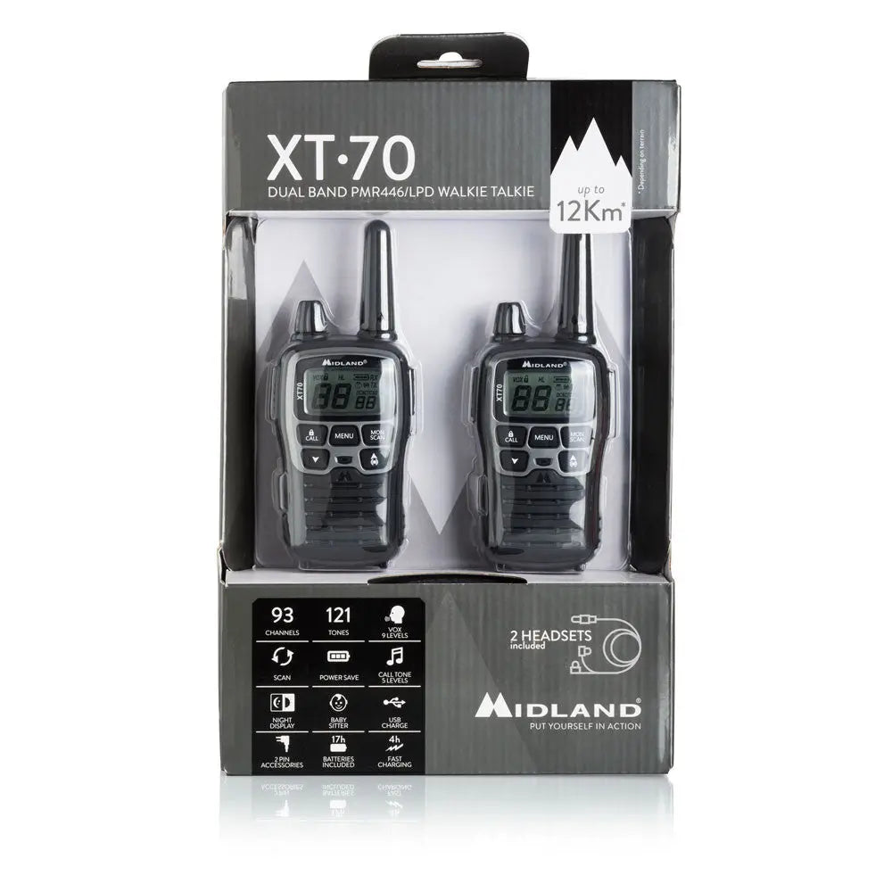 Midland XT70 Walkie Talkie with Earphone Mic, Charging Dock NSO Gear Communication Radios