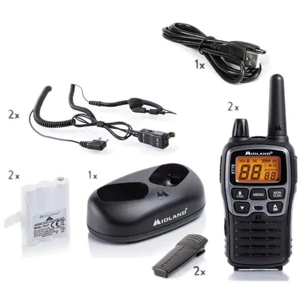 Midland XT70 Walkie Talkie with Earphone Mic, Charging Dock NSO Gear Communication Radios