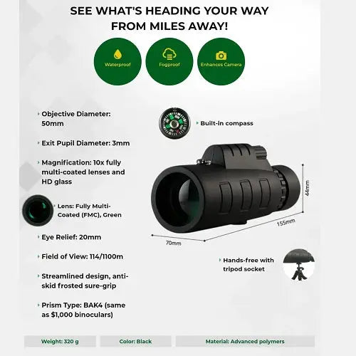 Monocular 40X60Monocular 40X60
Product Description 
Clear objective aperture
60mm
field of view
1500m
Focusing System
Central regulating wheel
Net weight
380g
Size
160NSO Gear
