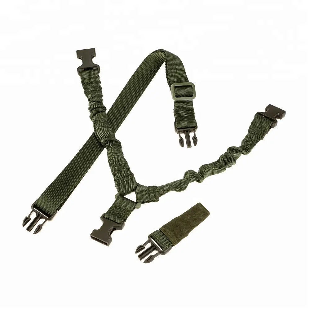 Single Point Fast Release SlingSingle Point Fast Release Sling
Features:Single-point elastic bungee tactical rifle slingKeeps your weapon in reach and provides perfect balanceCompatible with both NSO Gear