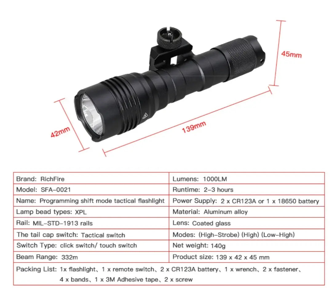 Tactical flashlight with remote switch 1000Lm NSO Gear Tactical Flashlight rail