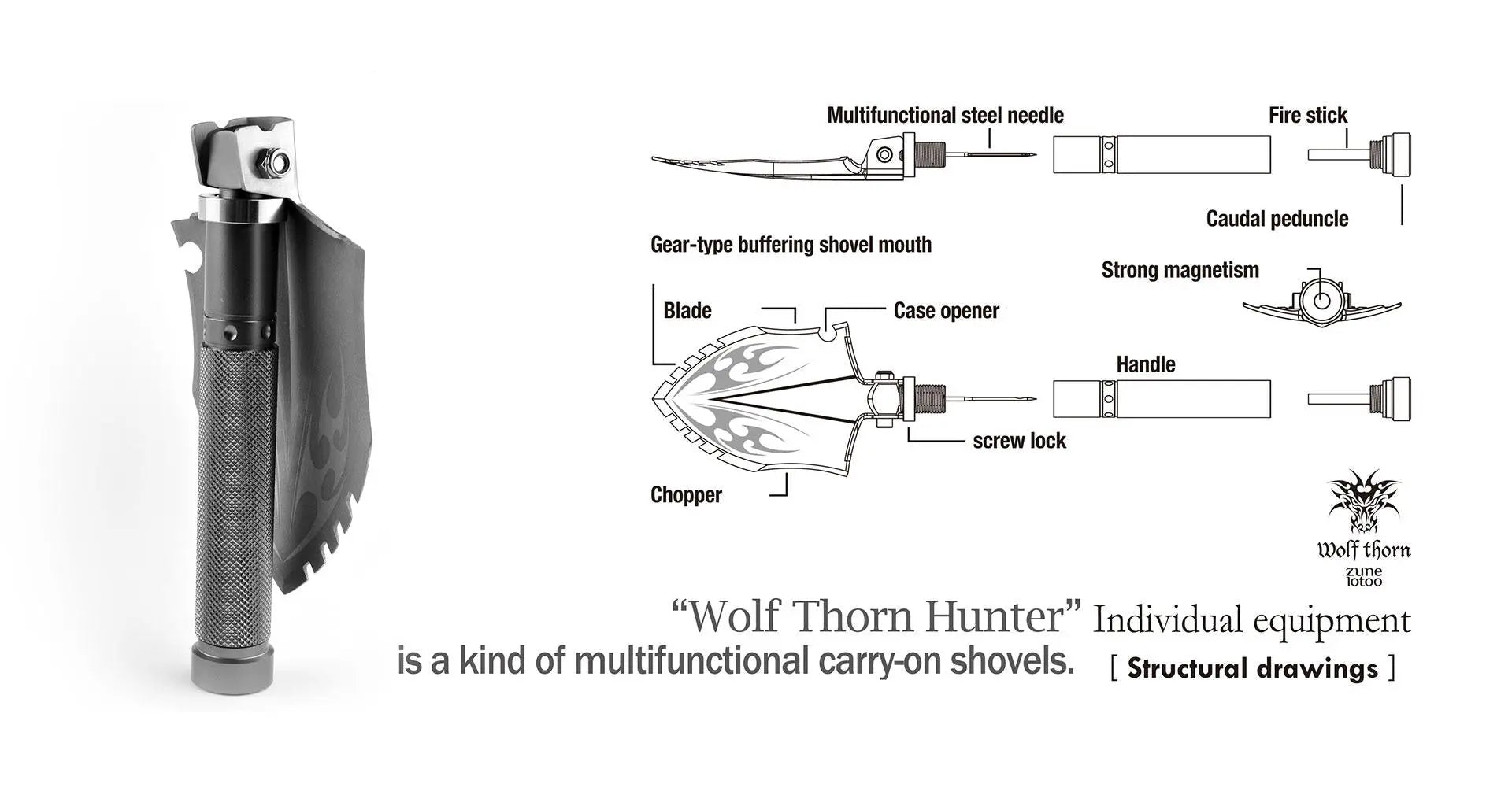 Wolfthorn Hunter CastingMultifunctional Shovel Wolfthorn Hunter Casting with a folding module system, attractive design and a wide range of uses is an amazing multitool with very practical NSO Gear