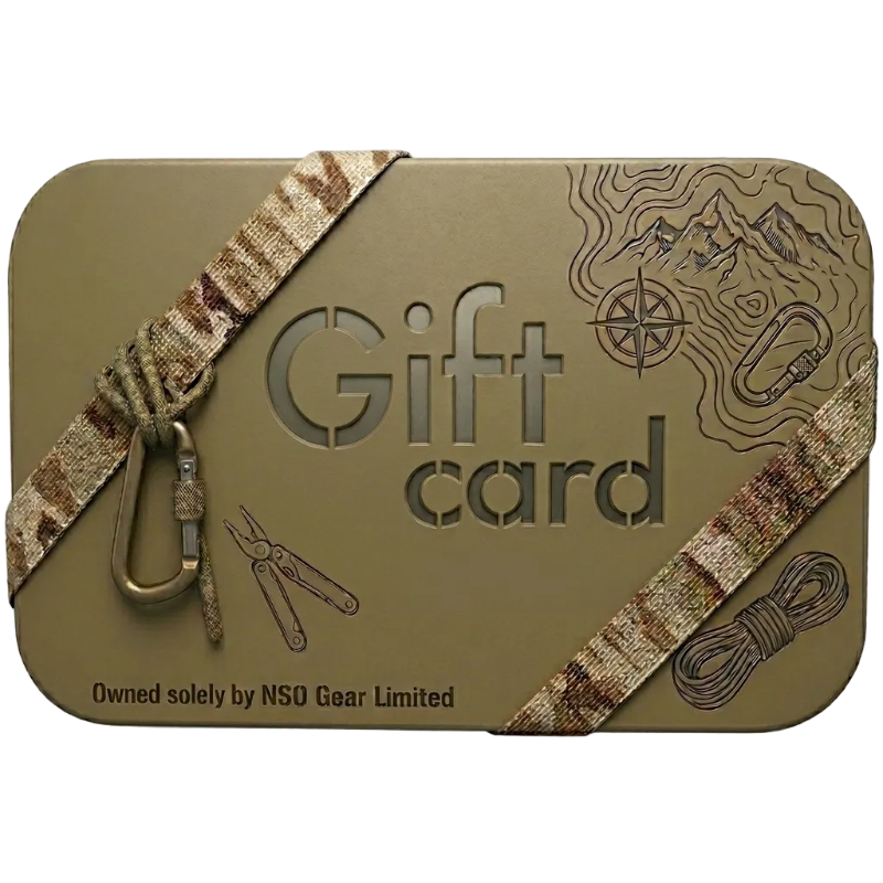Gift card holder with camouflage strap and outdoor-themed design on a white background