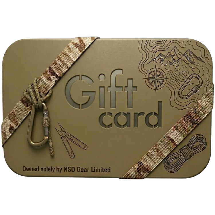 Gift card holder with camouflage strap and outdoor-themed design on a white background
