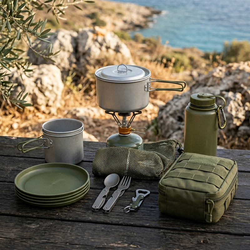 NSO Gear’s Cooking Set includes field stoves, cookware, and utensils designed for outdoor cooking, camping, and survival missions in Cyprus.