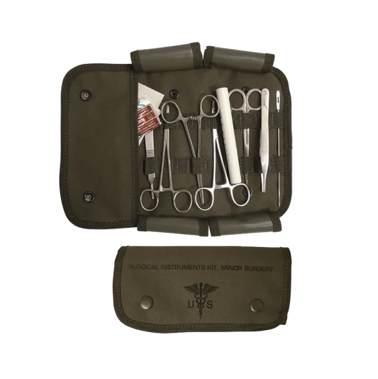 An open olive green surgical instruments kit roll-up case showing various metal medical tools inside, with a smaller inset image below showing the closed case and printed text reading 'SURGICAL INSTRUMENTS KIT, MINOR SURGERY' and 'U.S.