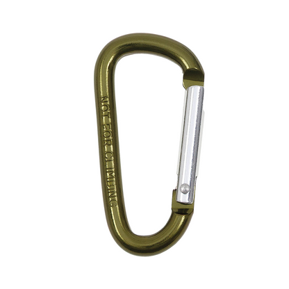 A carabiner with a metallic olive green anodized finish and a silver-colored metal latch, shown on a plain white background.