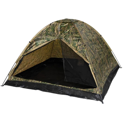 A dome-style camping tent with a green and brown camouflage pattern, featuring an open front flap and a black floor, shown against a plain white background.