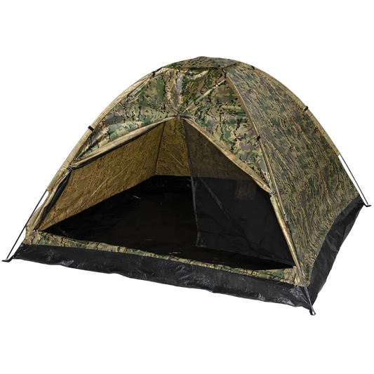A dome-style camping tent with a green and brown camouflage pattern, featuring an open front flap and a black floor, shown against a plain white background.