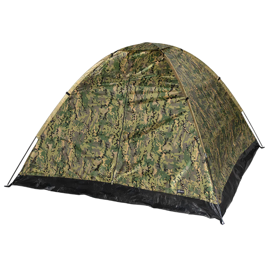 A dome-style camping tent with a green and brown camouflage pattern and a black floor, shown on a plain white background.