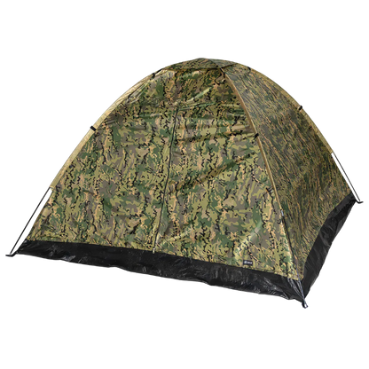 A dome-style camping tent with a green and brown camouflage pattern and a black floor, shown on a plain white background.