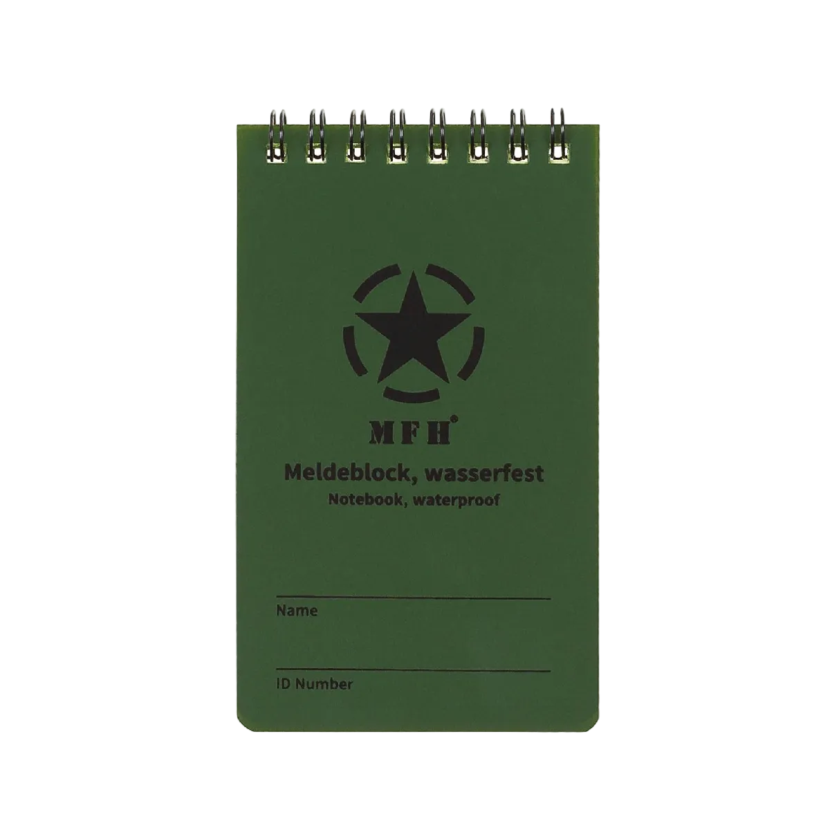 A green waterproof spiral notebook with a black star logo and the text 'MH Meldeblock, wasserfest Notebook, waterproof' on the cover, shown against a plain white background.