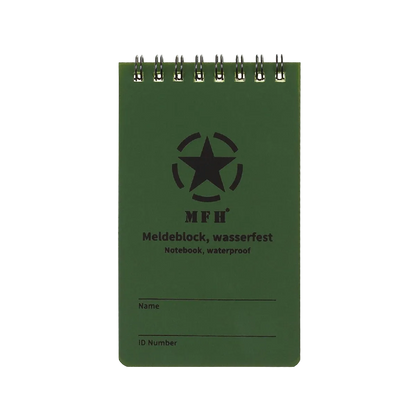A green waterproof spiral notebook with a black star logo and the text 'MH Meldeblock, wasserfest Notebook, waterproof' on the cover, shown against a plain white background.