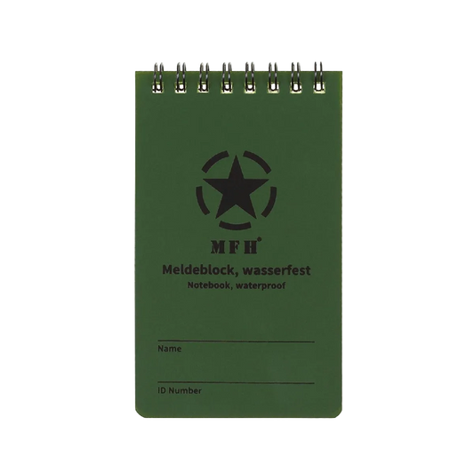 A green waterproof spiral notebook with a black star logo and the text 'MH Meldeblock, wasserfest Notebook, waterproof' on the cover, shown against a plain white background.