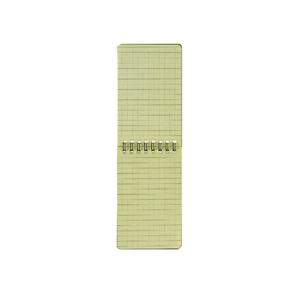 A single-page notebook with pale yellow graph paper and a silver metal spiral binding, shown vertically against a plain white background.