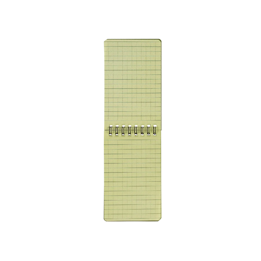 A single-page notebook with pale yellow graph paper and a silver metal spiral binding, shown vertically against a plain white background.